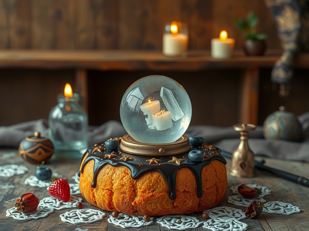 A beautifully decorated fruitcake topped with a crystal ball, surrounded by berries and candles.