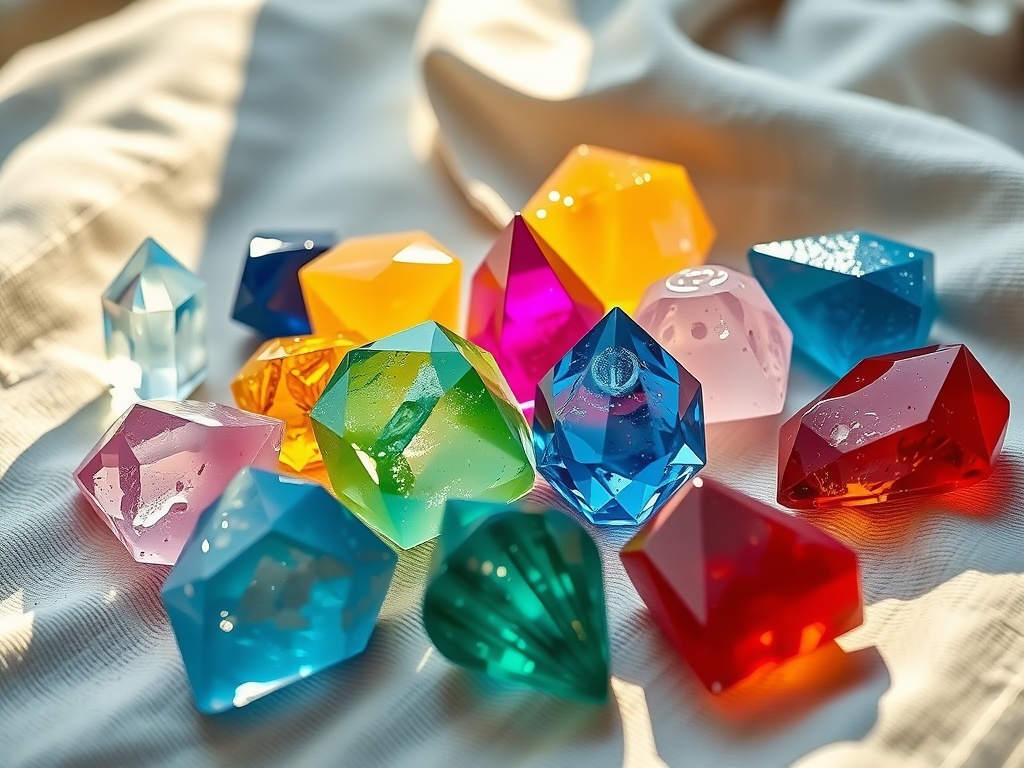 A collection of colorful crystals displayed on a soft surface, showcasing different shapes and sparkles.