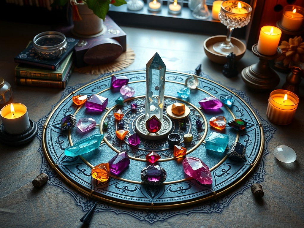 A beautifully arranged crystal grid on a witchcraft altar with colorful crystals and candles.