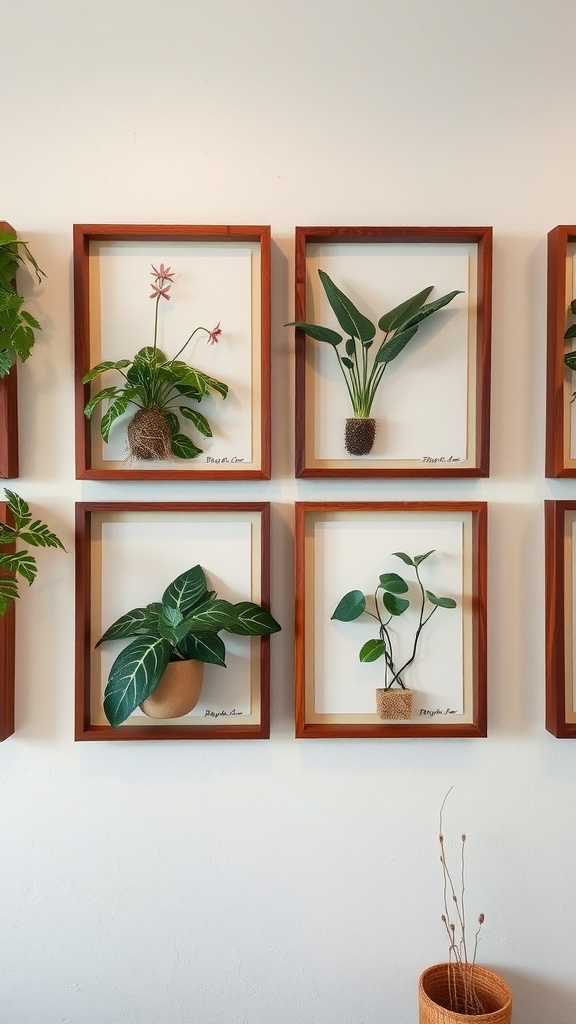 Cuadros de plantas en marcos de madera decorando una pared.