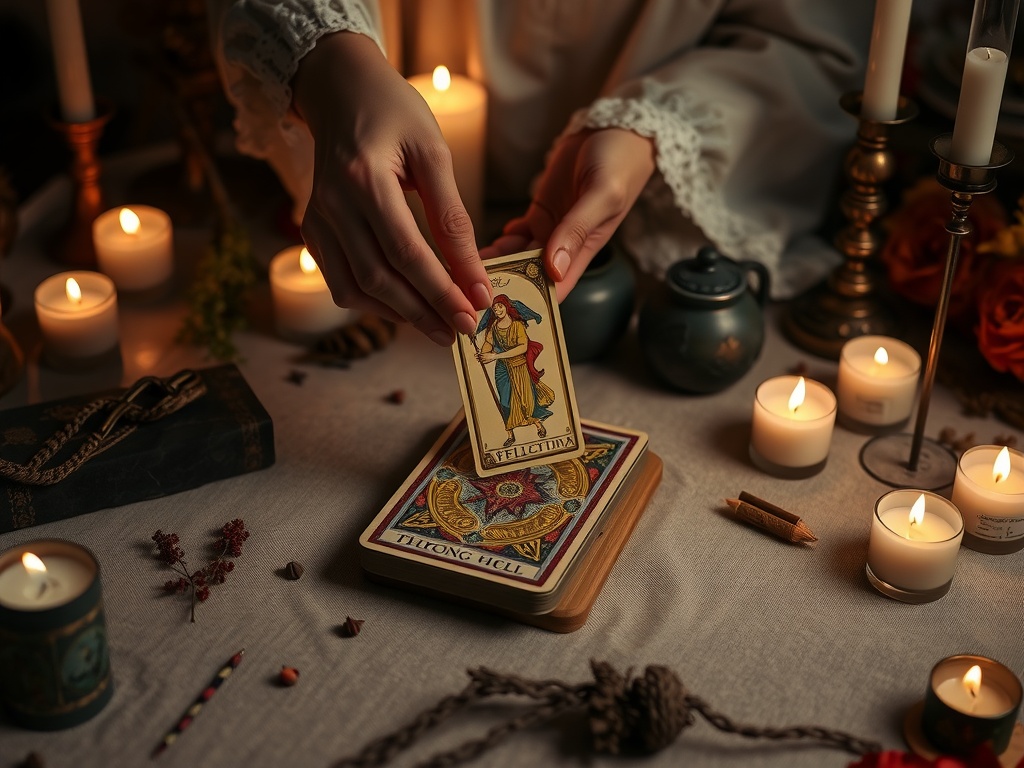A hand pulling a tarot card from a deck surrounded by candles and mystical objects.