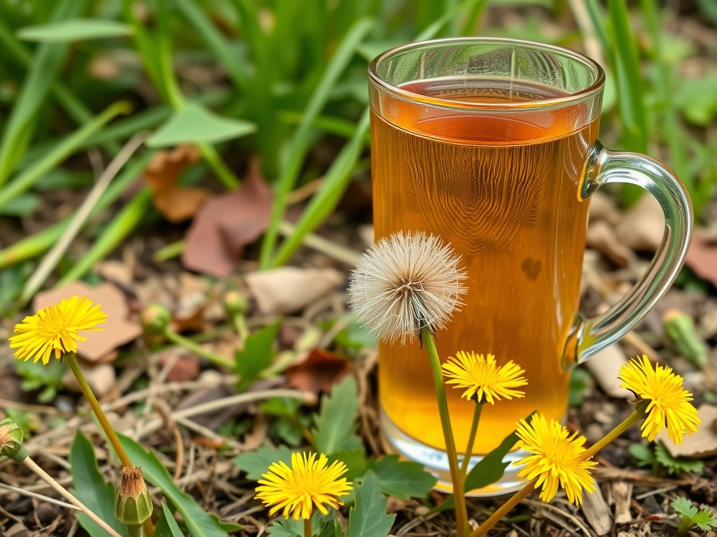 A clear cup of dandelion herbal tea surrounded by yellow dandelion flowers and green grass.