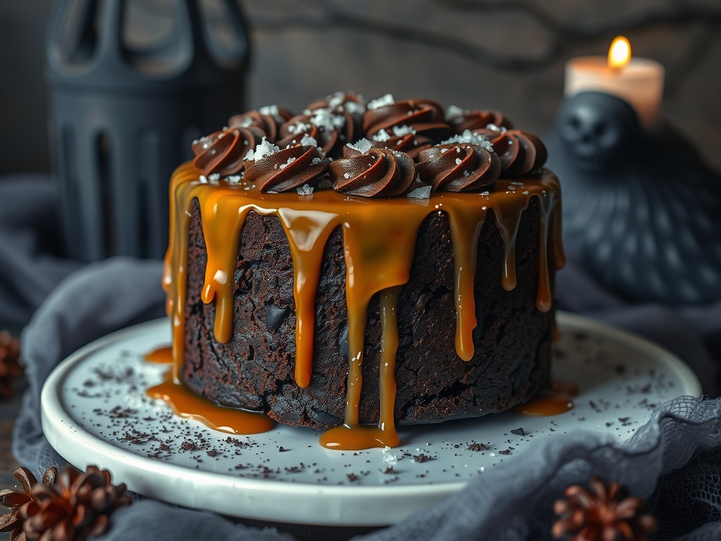 A dark chocolate cake topped with dripping caramel and chocolate frosting, surrounded by a spooky atmosphere.