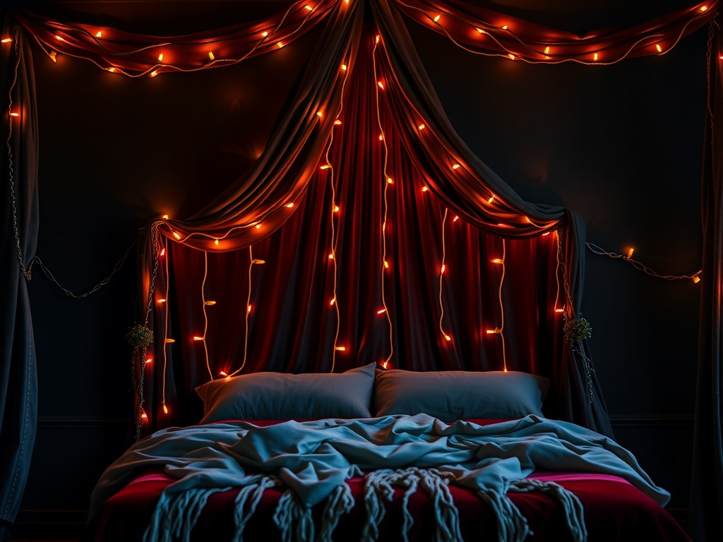 A cozy gothic boho bedroom featuring a dark velvet canopy with twinkling lights.