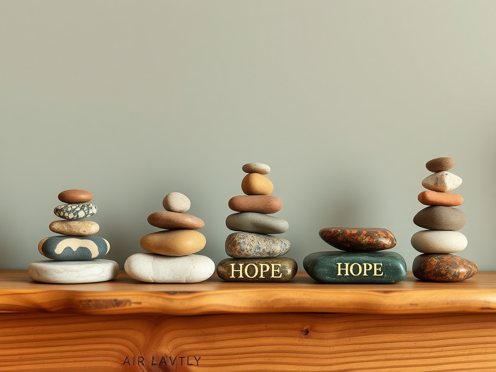 Decorative stone cairns varying in size and color, with some stones engraved with the word 'HOPE'.