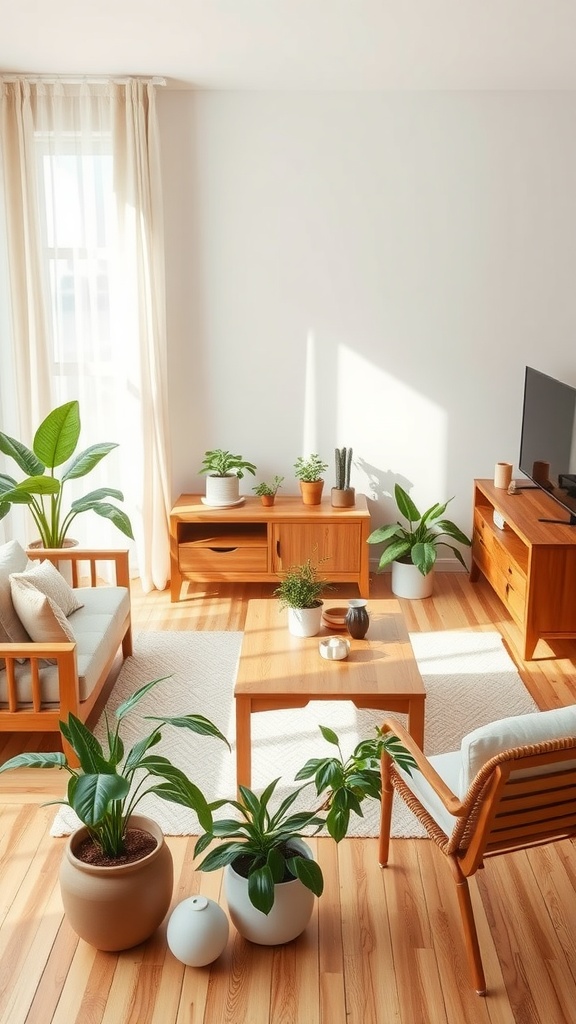 Salón con muebles de madera y varias plantas decorativas, mostrando un diseño acogedor y natural.