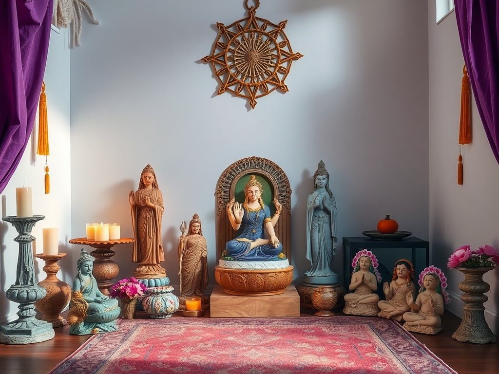 Divine Feminine altar featuring various goddess statues, candles, and flowers.