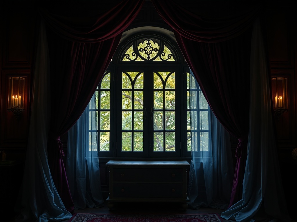 A gothic boho bedroom window with dramatic red and blue drapes, illuminated by candlelight.