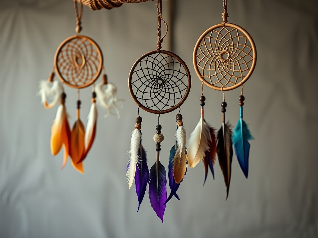 Three colorful dreamcatchers with feathers hanging against a soft backdrop