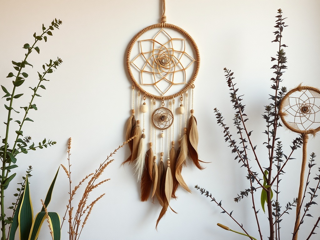 A beautifully crafted dreamcatcher hanging on a wall, surrounded by various plants.