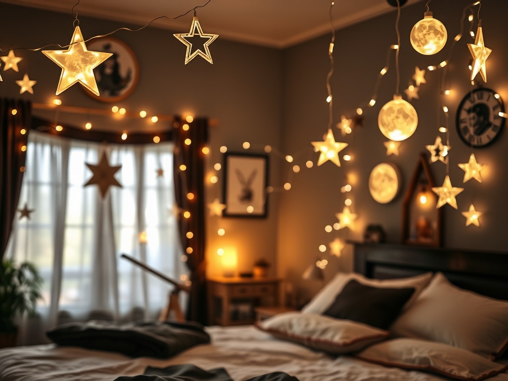 A cozy bedroom with star and moon-shaped string lights hanging from the ceiling and walls.