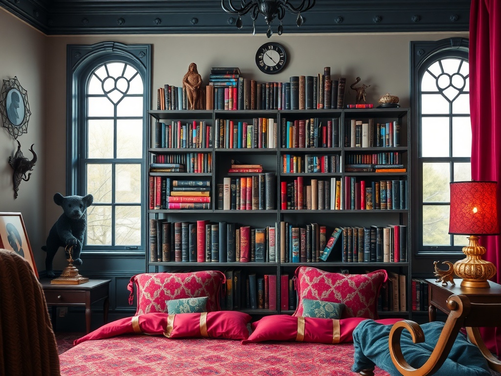 A cozy Gothic Boho bedroom with an eclectic bookshelf filled with colorful books, plush cushions on the floor, and whimsical decor.