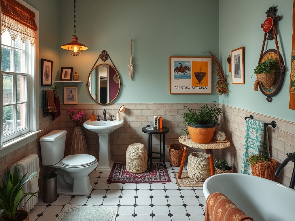 A cozy bathroom featuring eclectic decor with blue walls, artwork, plants, and vintage lighting.