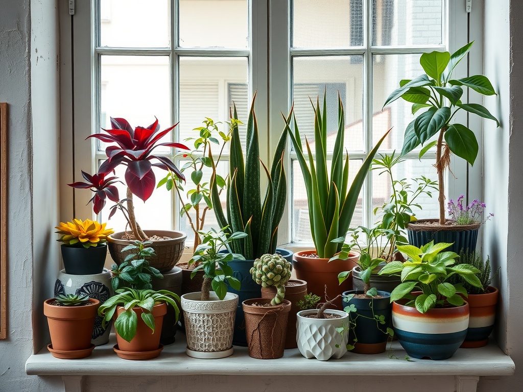 A cozy window sill filled with various potted plants, showcasing a mix of colors and shapes.