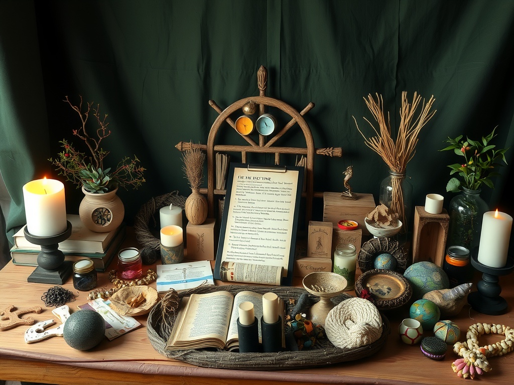 An eco-friendly witchcraft altar set up with recycled materials including candles, plants, and natural elements.