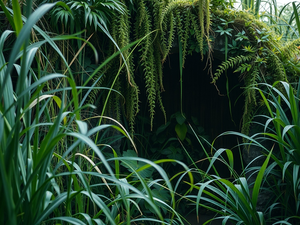 A lush, overgrown garden nook with tall grasses and ferns, creating a mysterious, inviting atmosphere.