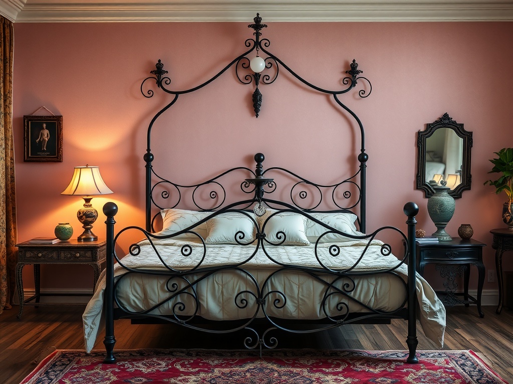 A gothic boho bedroom featuring an elaborate black metal bed frame against a peach wall, with warm lighting and rich textures.