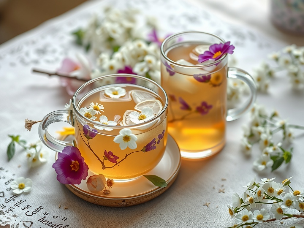 A beautiful herbal tea made with elderflowers, served in clear cups with floral decorations.