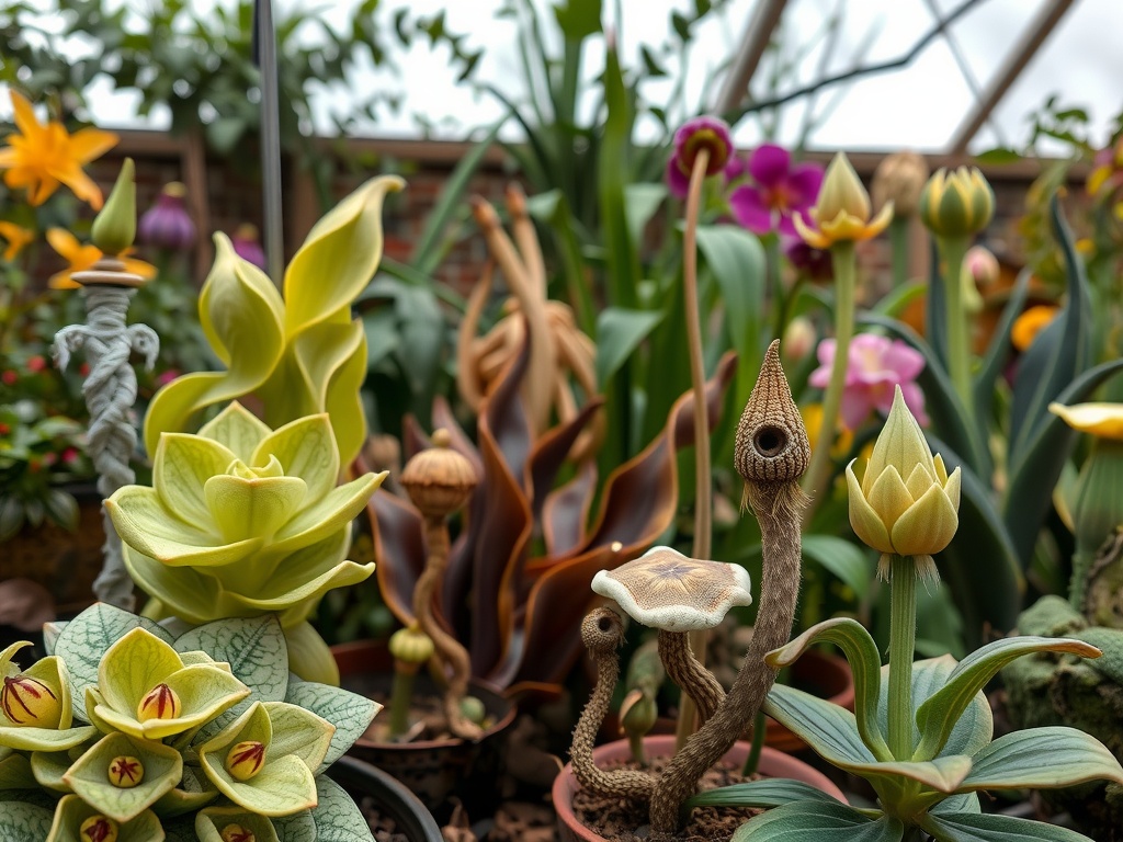 A vibrant collection of unique and unusual plants in a garden setting