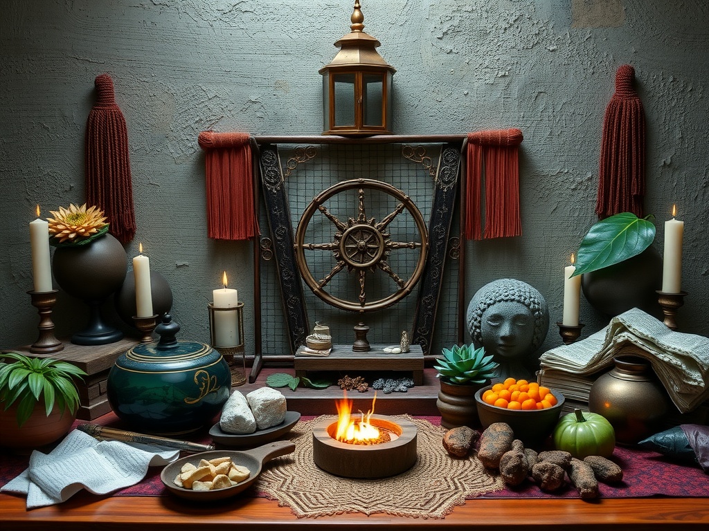 A beautifully arranged witchcraft altar showcasing Earth, Air, Fire, and Water elements with candles, plants, and decorative items.