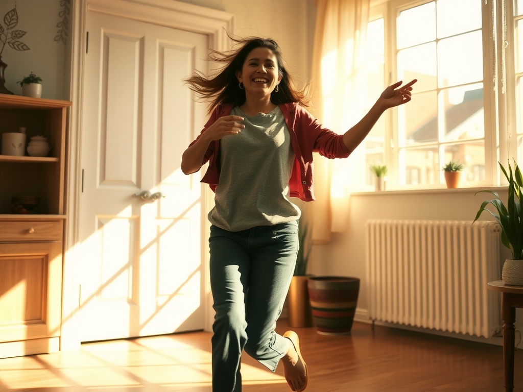 A person dancing joyfully in a sunlit room, embodying gratitude and happiness.