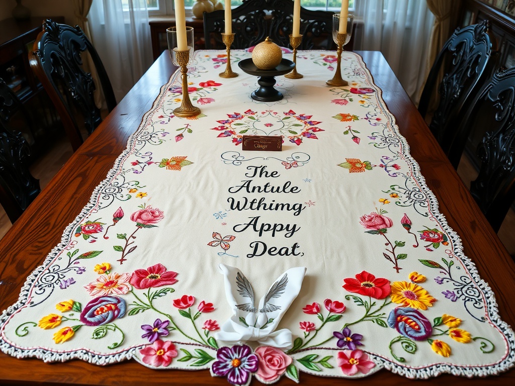 Embroidered table runner on a wooden dining table with candles and decorative accents.