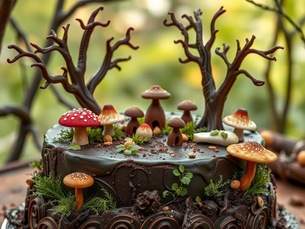 Chocolate cake decorated with chocolate trees, colorful mushrooms, and fresh herbs, resembling an enchanted forest.