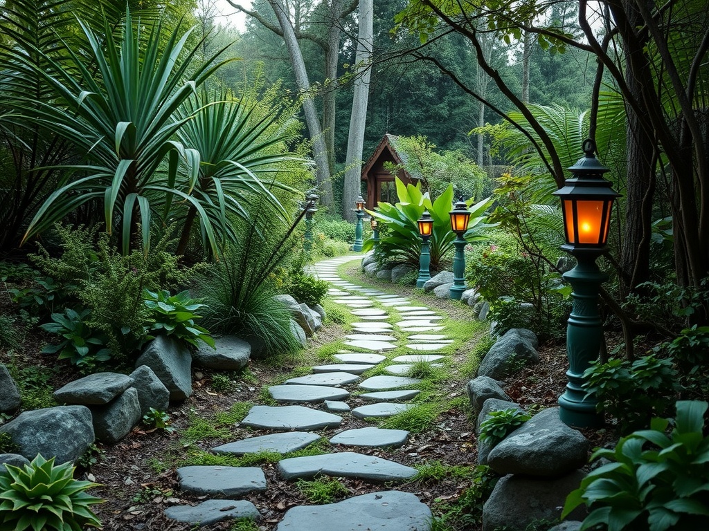 A serene garden pathway lined with plants and lanterns.