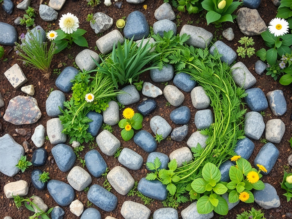 An herb spiral made of various herbs and stones, showcasing a lush and organized garden design.