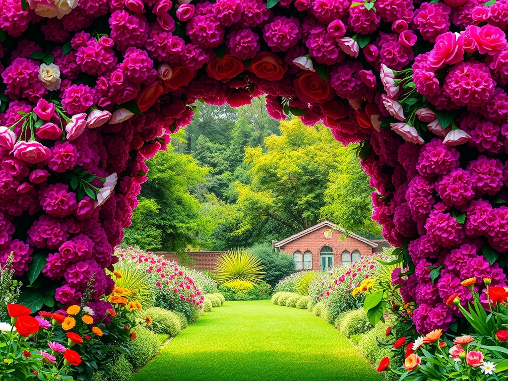 A vibrant flower arch adorned with pink blooms leading to a lush green pathway in a garden