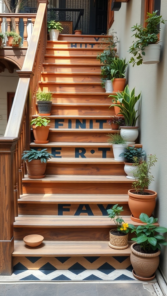 Escaleras de madera decoradas con plantas en macetas y letras pintadas.