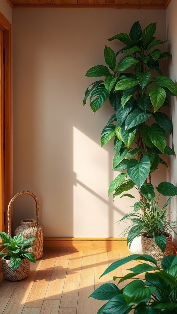 Esquina decorada con plantas y elementos de madera, creando un ambiente acogedor.