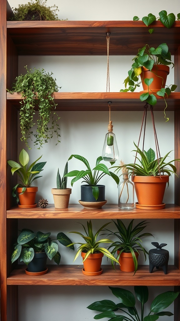 Estanterías de madera decoradas con varias plantas en macetas, incluyendo plantas colgantes.