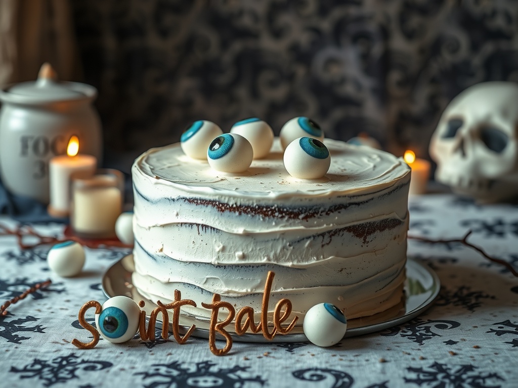 A spooky cake decorated with edible eyeballs, sitting on a table with candles and a skull nearby.