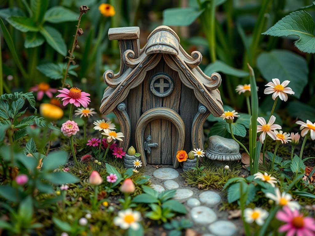 A whimsical faerie house surrounded by colorful flowers and a stone pathway.