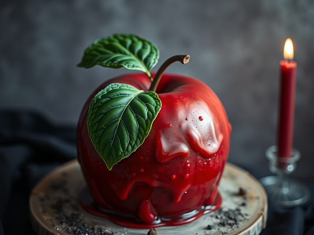 A poison apple cake with a glossy red surface and green leaf, sitting on a wooden platter with a candle in the background.