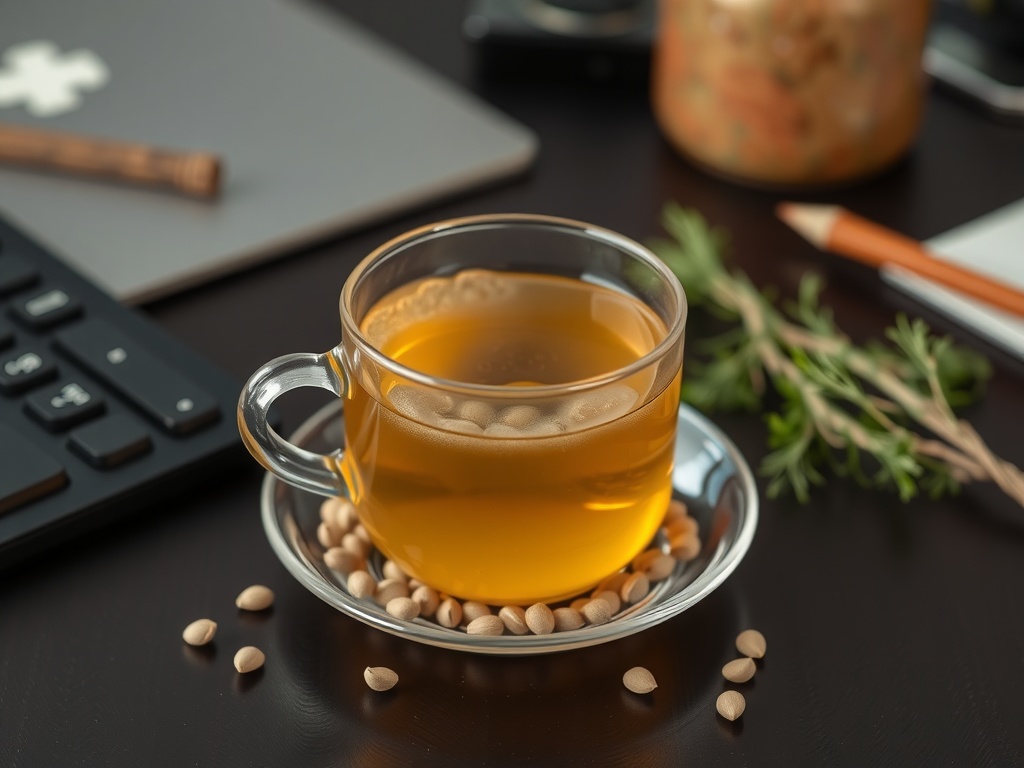 A glass cup of herbal tea with fennel seeds