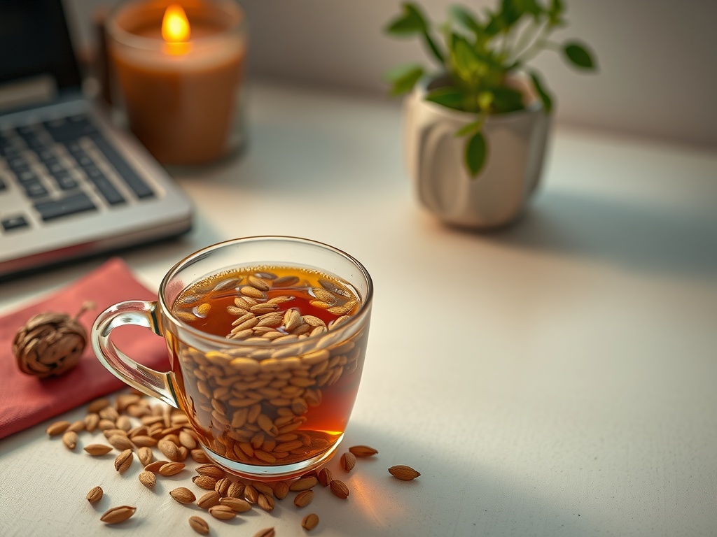 A warm cup of Fenugreek Focus Tea with seeds and a cozy atmosphere.