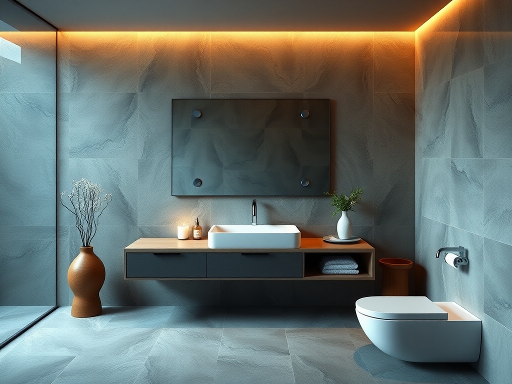 Modern bathroom with a floating vanity, clean lines, and soft lighting