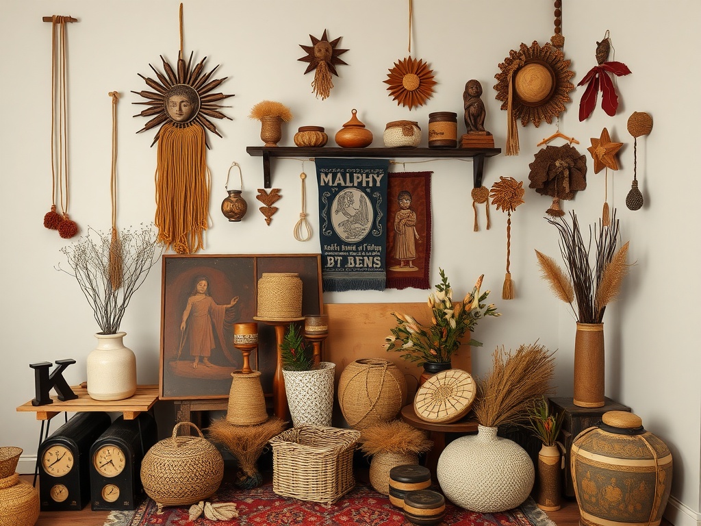 A collection of folk art and handcrafted decor items on display, featuring woven baskets, pottery, and wall hangings.