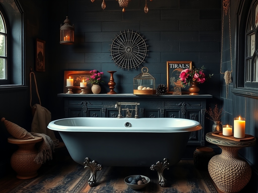 A cozy gothic boho bathroom featuring a freestanding bathtub, dark walls, candles, and decorative elements.