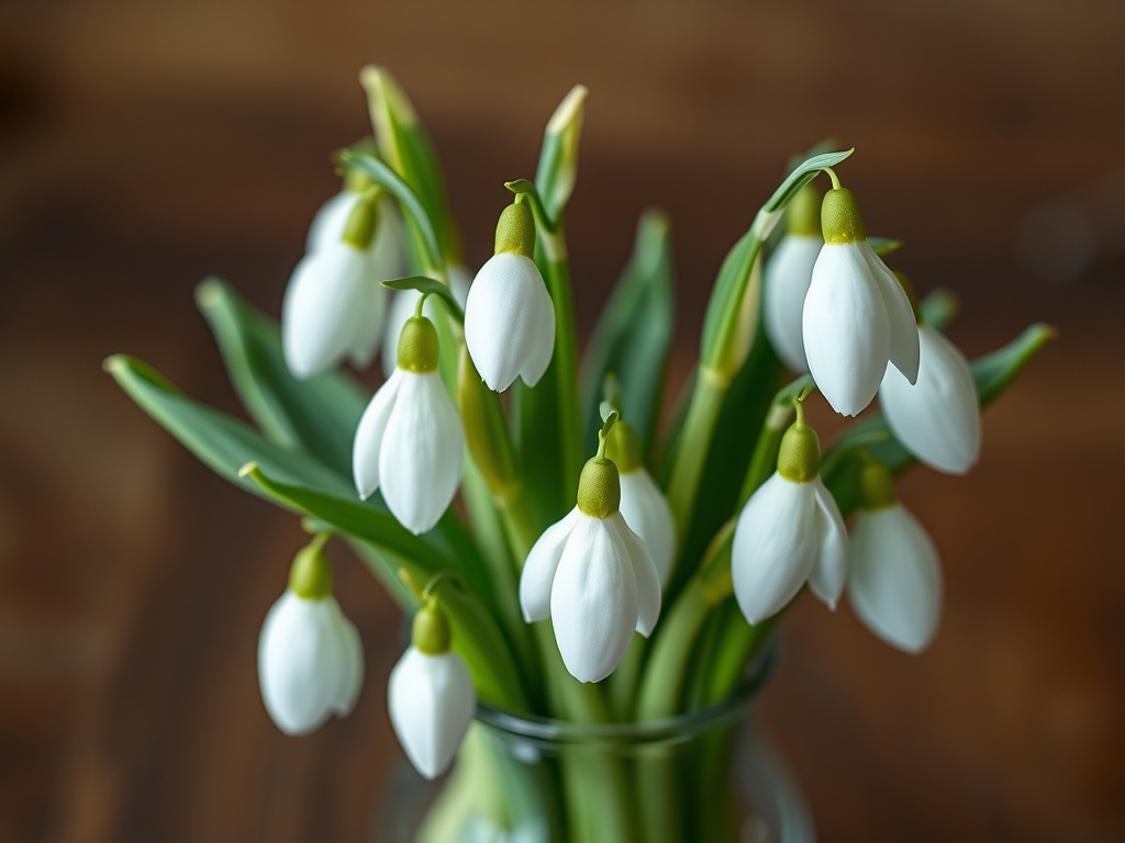 A bunch of fresh snowdrop flowers in a glass vase on a wooden surface.