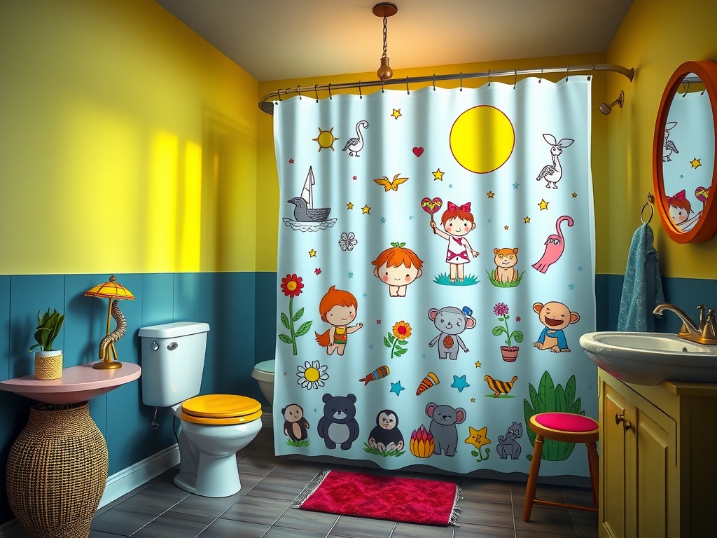 Colorful shower curtain with playful characters in a cheerful bathroom.