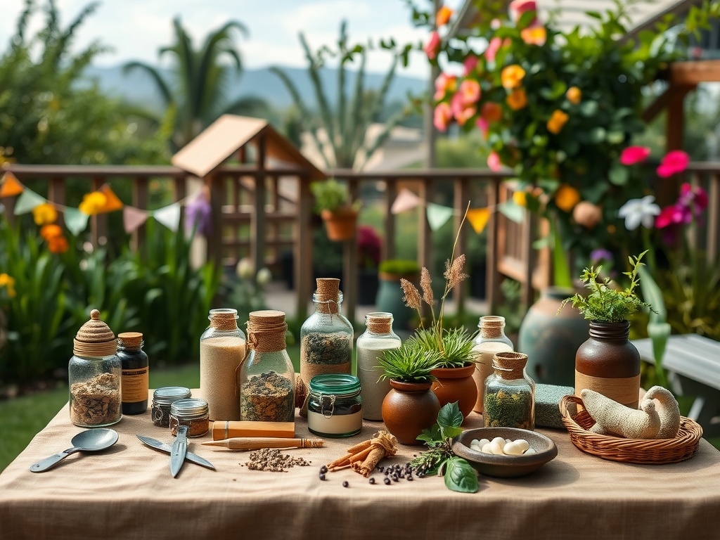 A garden alchemy table with jars of herbs and spices in a colorful garden.