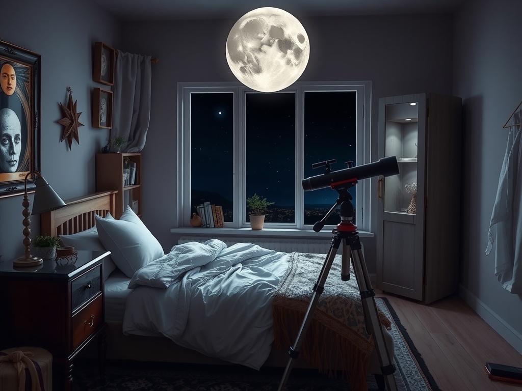 A cozy bedroom with a telescope, large window showing a full moon, and relaxing decor.