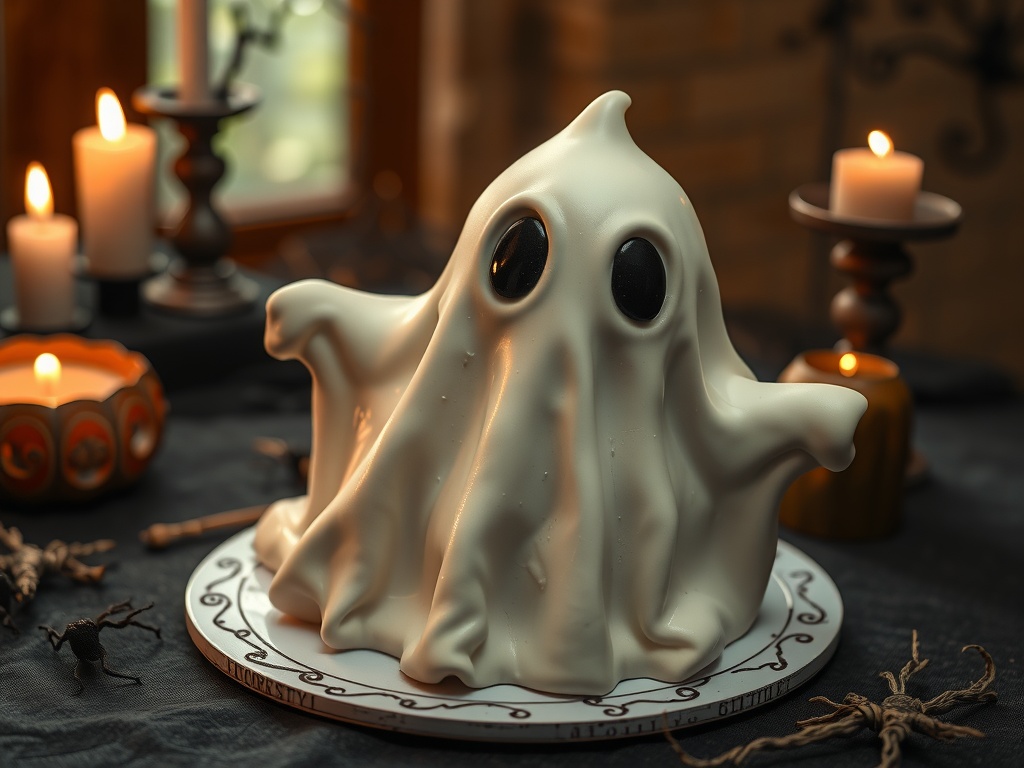 A ghost-shaped vanilla cake with black eyes, surrounded by candles and festive decorations.