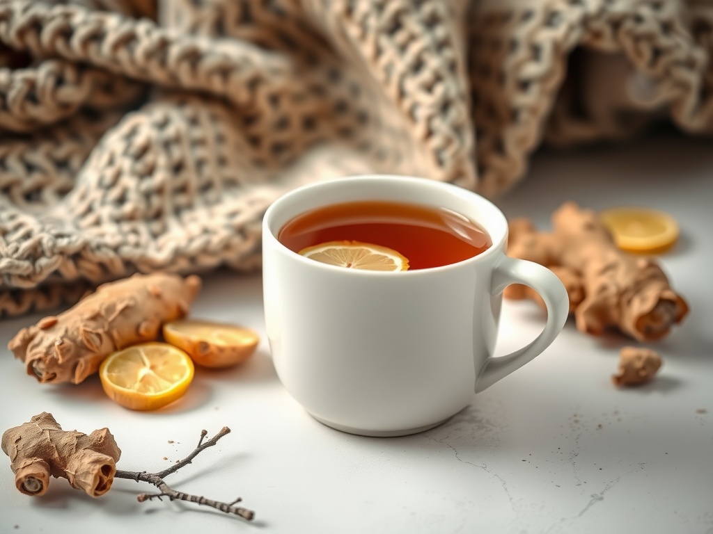 A warm cup of ginger spiced protection tea with lemon slices.