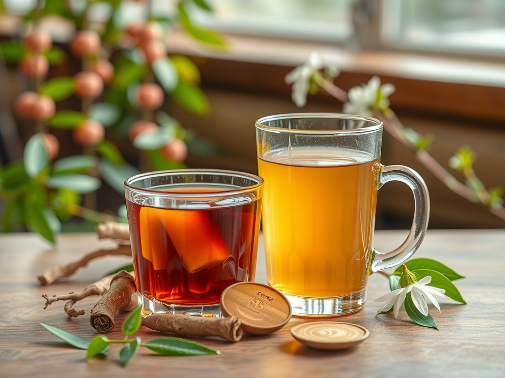 A cup of ginseng tea with ginseng roots and lemon slice.