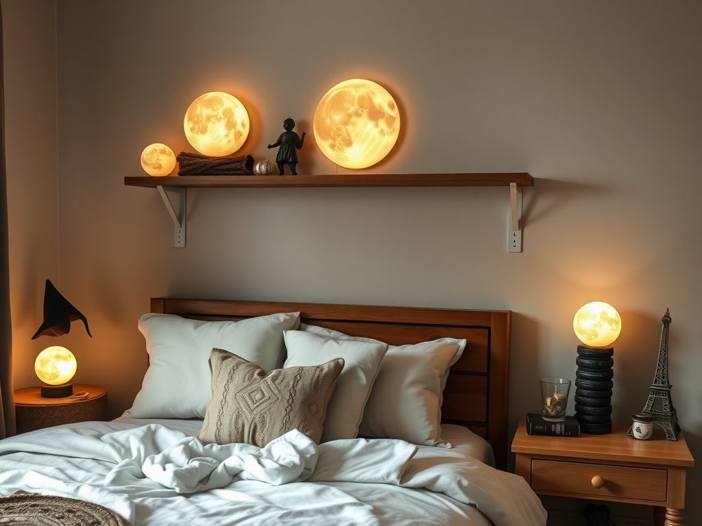 A cozy bedroom featuring glowing moon-shaped lights on a shelf, a neatly made bed, and decorative accents.