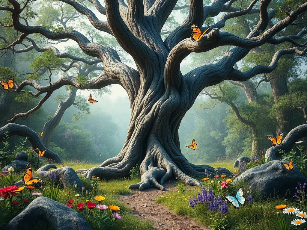 A gnarled tree surrounded by colorful flowers and butterflies in a magical garden setting.